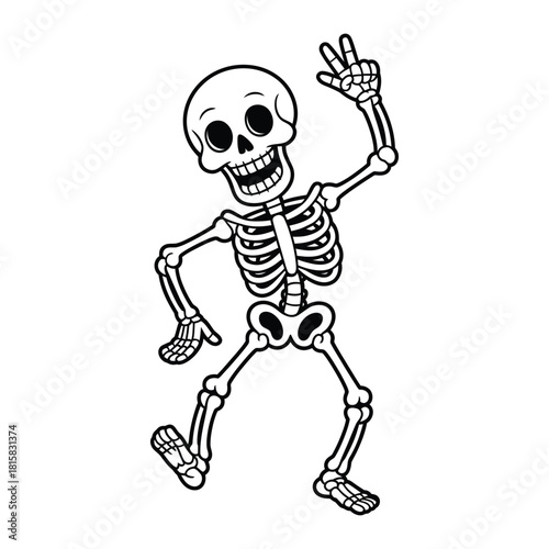 A cartoon skeleton is dancing and making a peace sign, isolated on the skeleton is smiling and has big eyes, and is wearing a white bone suit