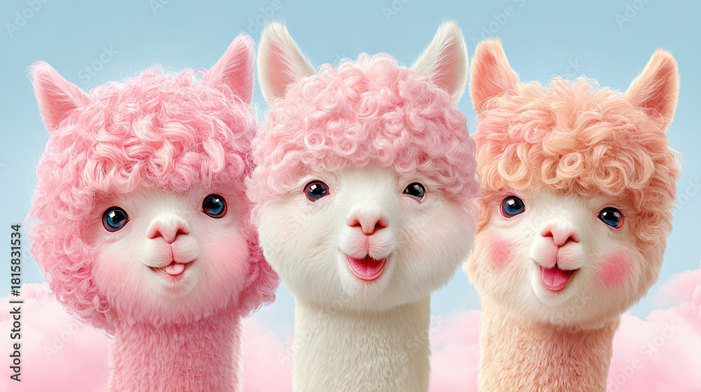 Fototapeta premium Drei Baby Lamas in rosa Wolken als verspielte Tierillustration
