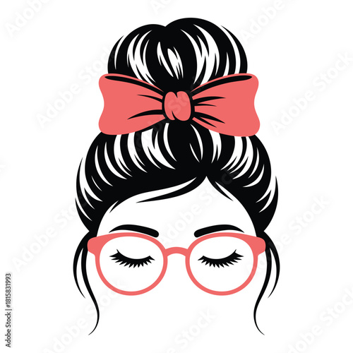 Vector illustration of a woman with a hair bun, glasses, and a bow, isolated on a stylish and cute design for various creative projects