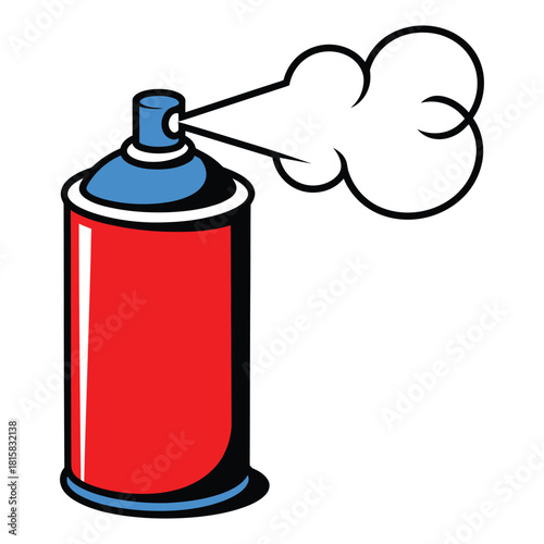 Illustration of a red spray can with a blue top emitting a cloud of spray, isolated on perfect for diy, graffiti, or household projects