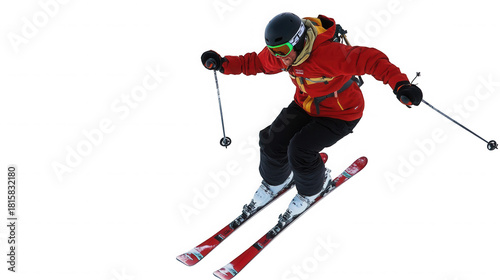 Skier in red jacket skiing down slope against black background on transparent background