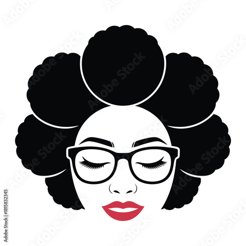 Illustration of a woman with an afro hairstyle, wearing glasses, and red lipstick isolated on a stylish and empowering representation of beauty