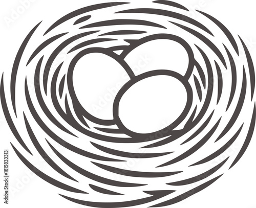 Black and white minimalist line drawing of a bird nest with three eggs