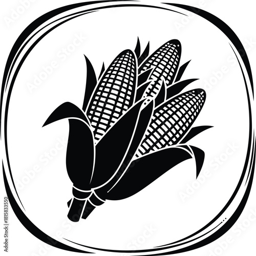 Stylized black and white illustration of three corn cobs