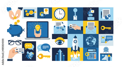 Business and Finance Flat Design Icon Set, Representing Key Aspects of Success, Innovation, and Global Reach in Modern Commerce and Investment