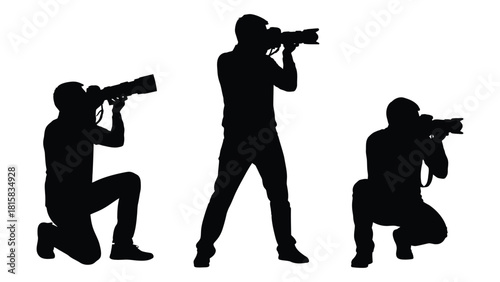 Three photographers silhouette isolated on white background, Vector
