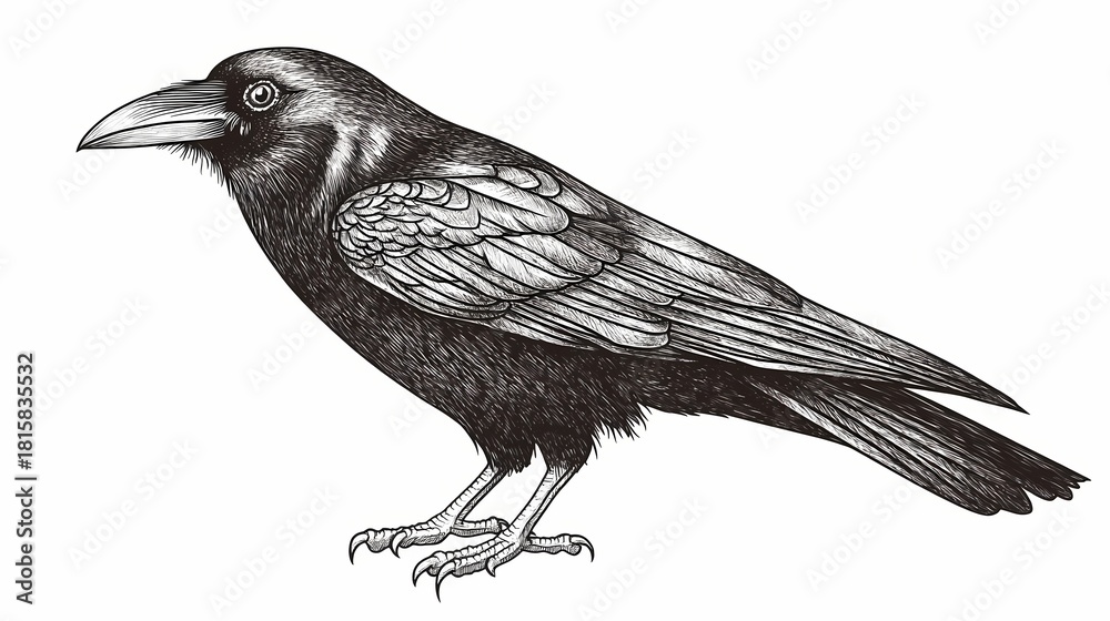 Fototapeta premium Detailed engraved illustration depicts a solitary dark bird standing in profile against a white background