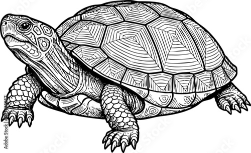Detailed ink drawing of a tortoise on a white background
