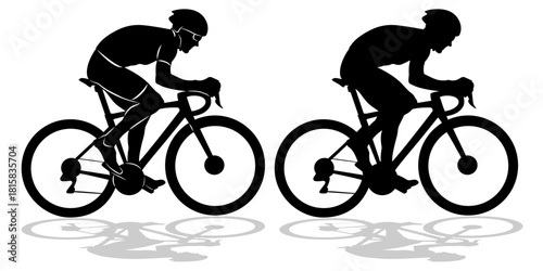 isolated silhouette of a rider on bike, black and white vector drawing, white background