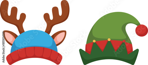 Christmas hats vector illustration set, cute reindeer antlers beanie and green elf cap, holiday costume, festive fashion, and winter party accessories graphic