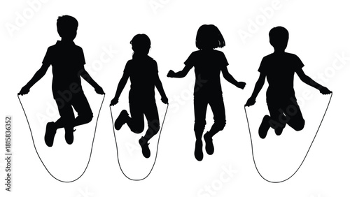 Children jumping rope silhouettes isolated on white background, Vector