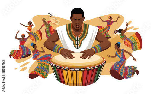 African Dance and Music Celebration: Man Playing Djembe Drum with Traditional Dancers in Colorful Attire, Showcasing Cultural Heritage and Artistic Expression