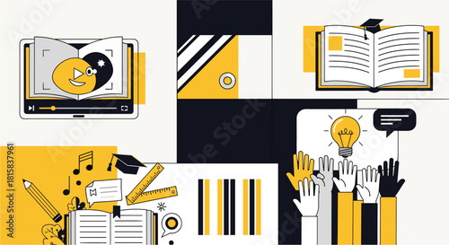 Creative Learning Concept: Online Education, Open Books, Lightbulb Moment, and Academic Elements on a Colorful and Dynamic Graphic Design