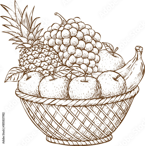 Hand drawn sketch of a fruit basket filled with pineapple, grapes, apples, and banana, isolated on
