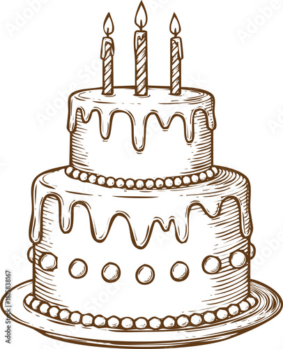 Hand drawn sketch of a twotier birthday cake with three lit candles on top, isolated on