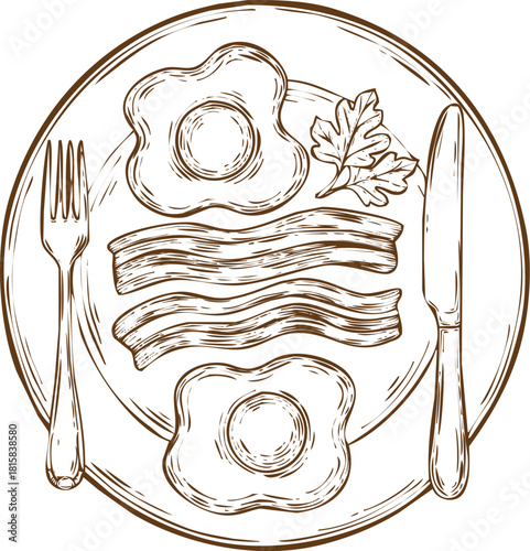 Hand drawn sketch of a classic breakfast plate with two fried eggs, strips of bacon, and a garnish, isolated on