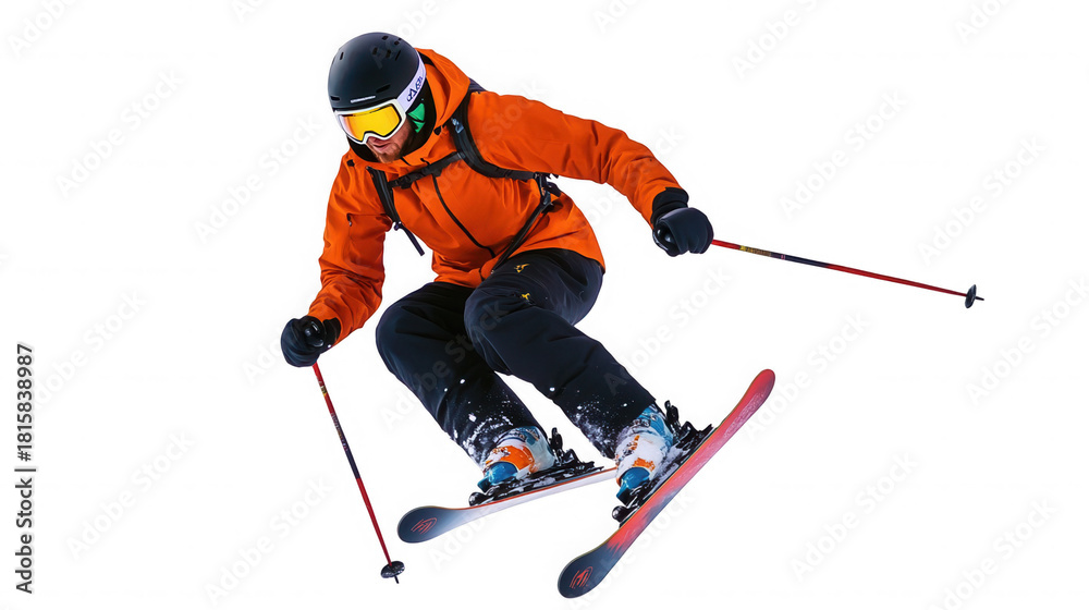 Fototapeta premium A skier in orange jacket skiing down a slope with ski poles used on transparent background