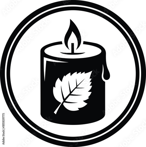 Black and white icon of a lit candle with a leaf design