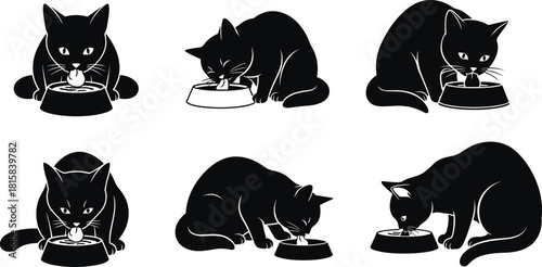 Black cat eating and drinking from a food bowl vector silhouette collection, hungry feline pet animal icon set for design elements.