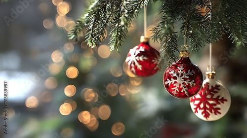 Close-up of Christmas tree decorations with red and white ornaments on evergreen branch, blurred lights in background creating warm festive vibe for holiday decor and seasonal themes.