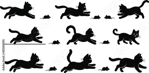 Black cat chasing mouse vector silhouette icon collection, playful feline kitten running after rodent, adorable pet animal game set.