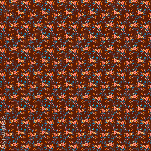 Retro Vintage Country-style pattern of tiny flowers Cute small floral, botanical print Multicolored simple flowers on a dark brown background Patchwork, sewing fabric