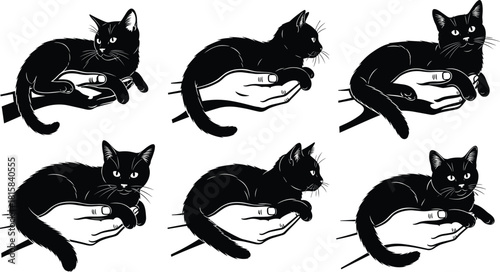 Black cat resting in human hand vector silhouette collection, watchful feline pet animal being held securely, love and care icon set.