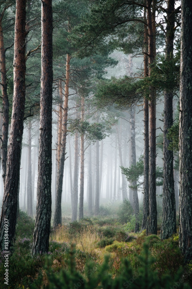 Naklejka premium Misty Forest Scene with Tall Trees and Dense Undergrowth.