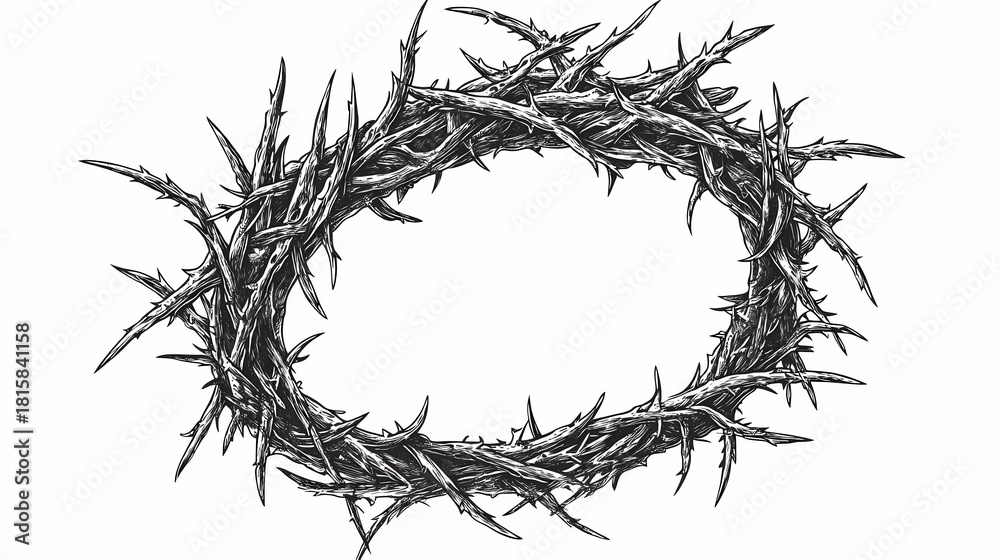 Fototapeta premium Intricate depiction of a rugged wreath constructed from sharp thorny branches rendered in black and white engraving style