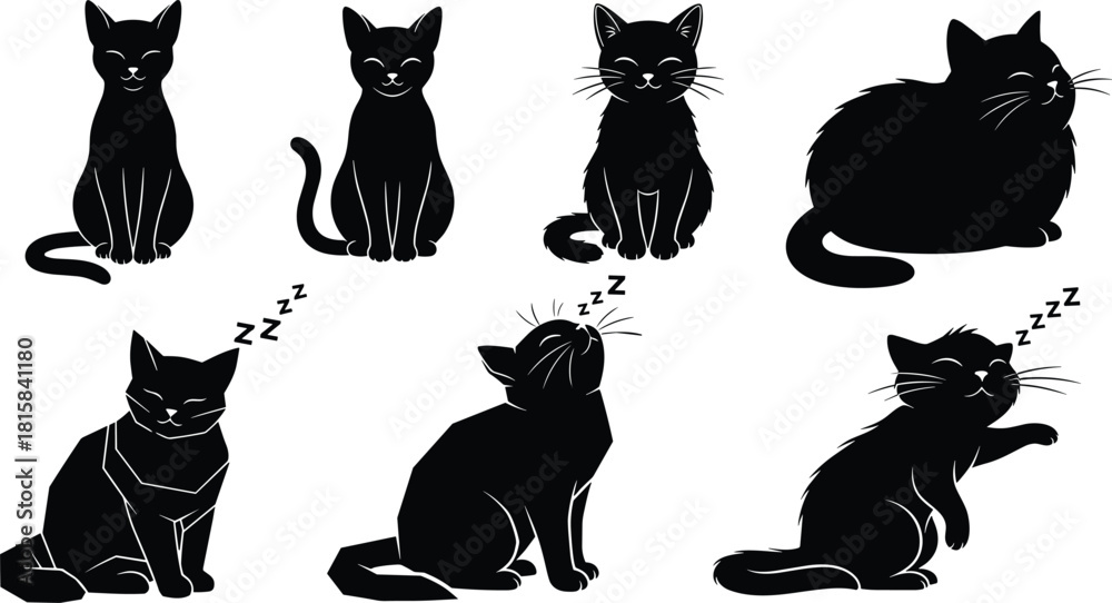 Naklejka premium Black cat vector silhouette collection, cute feline mascot sitting and sleeping in various poses, adorable pet animal icon set design elements.