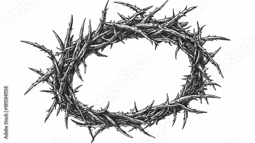 Intricate depiction of a rugged wreath constructed from sharp thorny branches rendered in black and white engraving style