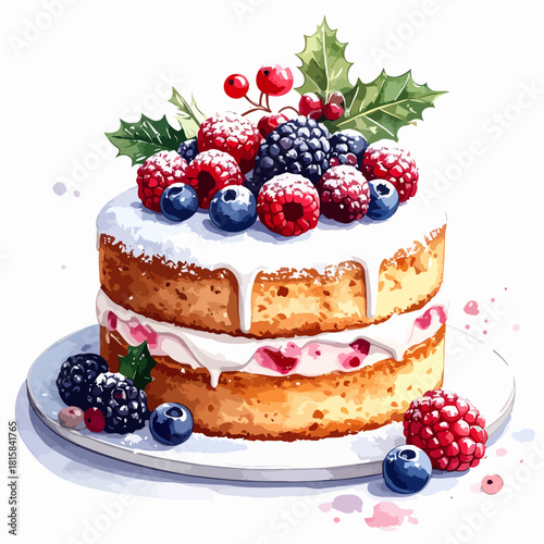 Delicious two tier cake decorated with fresh berries and festive holly.