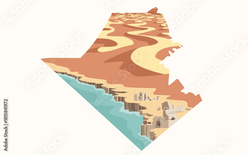 Coastal Desert Landscape Illustration:  Desert Dunes Meeting the Ocean with Ancient Ruins and Sandy Cliffs Art Print