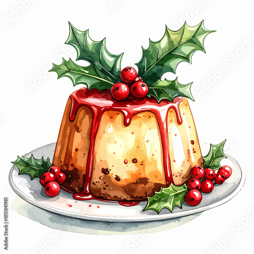 Festive Christmas Pudding with Holly and Berries Watercolor Illustration.