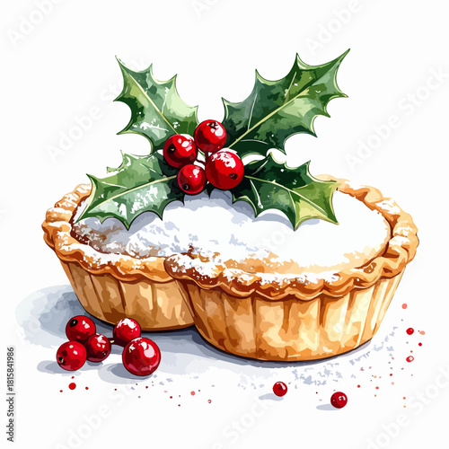 Festive Christmas mince pies with holly and berry garnish.