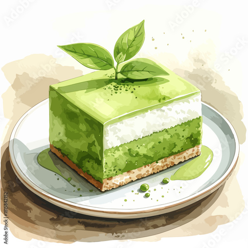 Delicious Matcha Green Tea Cake Slice with Cream Layers.