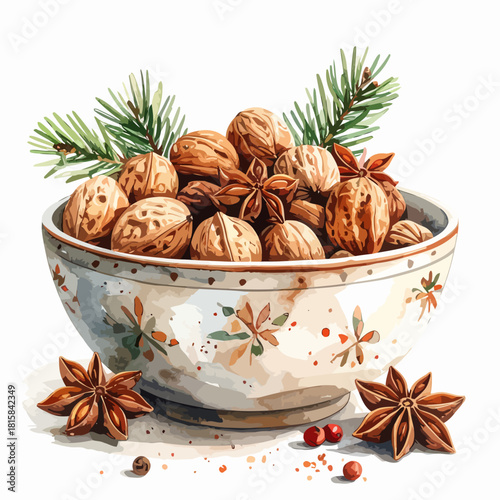 Festive Bowl of Walnuts, Anise Stars, and Evergreen Sprigs Watercolor.