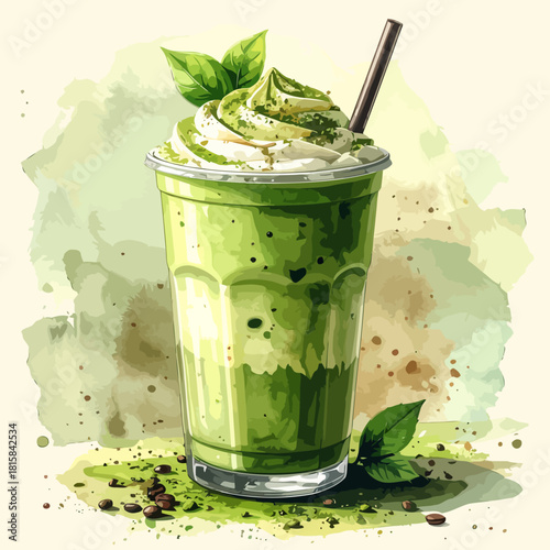 Delicious Matcha Green Tea Frappe with Whipped Cream and Mint Leaves.