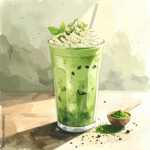 Refreshing Iced Matcha Latte with Whipped Cream and Mint Garnish.