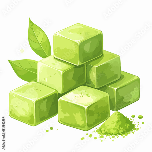 Matcha Green Tea Cubes with Powder and Leaves Illustration.