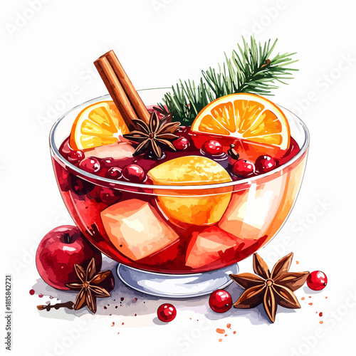 Festive Winter Punch with Orange Slices Cinnamon and Cranberries.