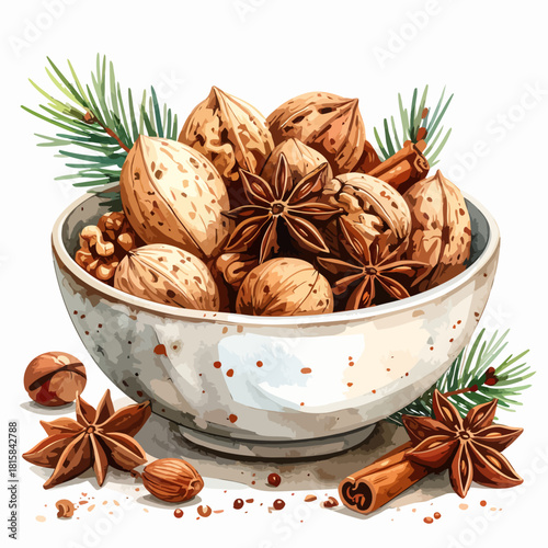 Festive watercolor illustration of a bowl filled with walnuts star anise and cinnamon sticks.