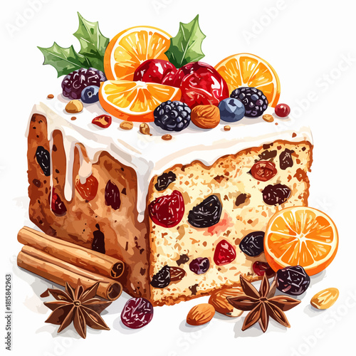 Festive Christmas Fruitcake Watercolor Illustration with Citrus and Spices.