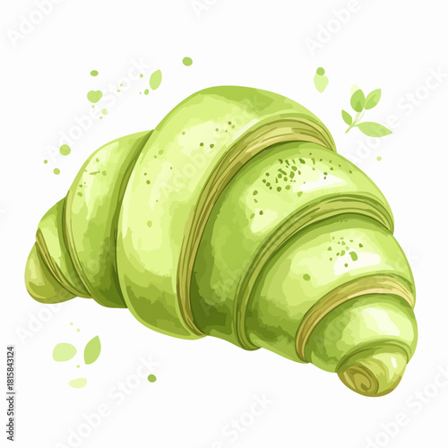 Green croissant pastry with artistic watercolor effect and details.