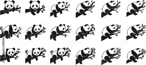 Cute panda bear resting and sleeping on bamboo tree branches vector cartoon silhouette icons, adorable wildlife mascot set in simple flat style design.