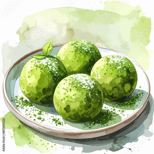 Watercolor illustration of four Japanese matcha mochi desserts on a plate.