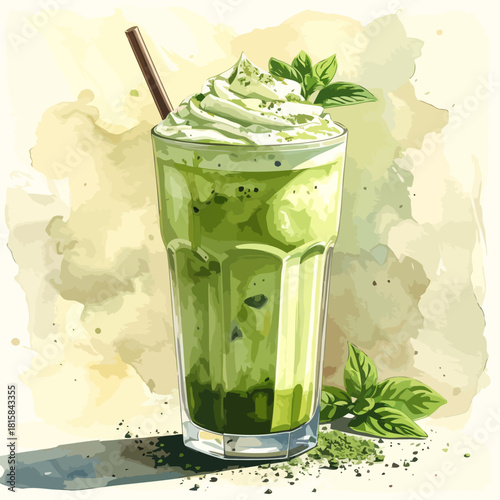 Refreshing green matcha frappe with whipped cream and mint garnish.