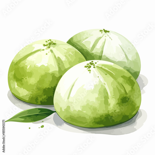 Three matcha mochi desserts with a green leaf on white background.