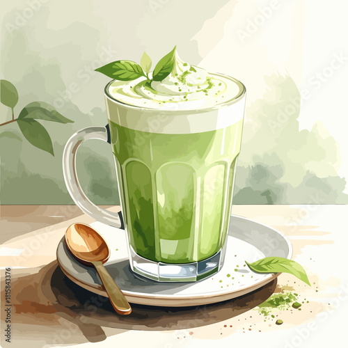 Refreshing Matcha Latte in Glass with Spoon and Garnish.