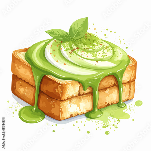 Delicious Matcha Toast with Cream and Green Tea Drizzle.